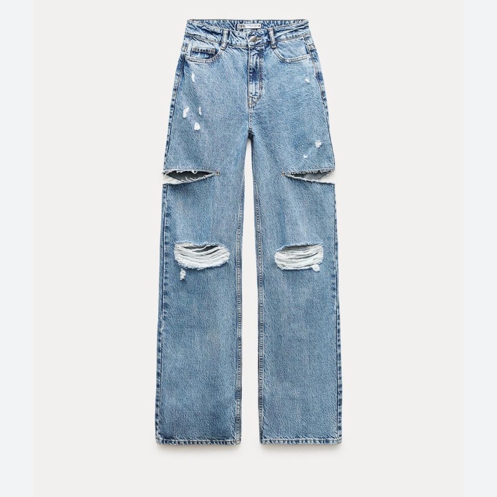 Zara z1965 MID WAIST RIPPED CUT OUT STRAIGHT LEG JEANS - Mid-blue size 34